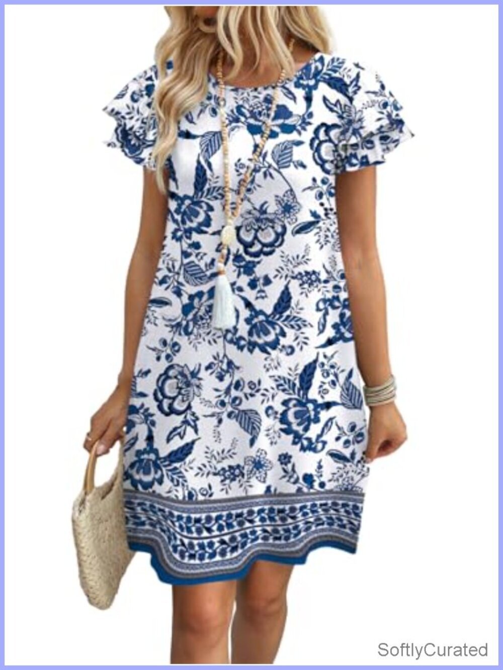 Womens Summer Swing Dress Ruffle Sleeve Crew Neck Loose Fit with Pockets